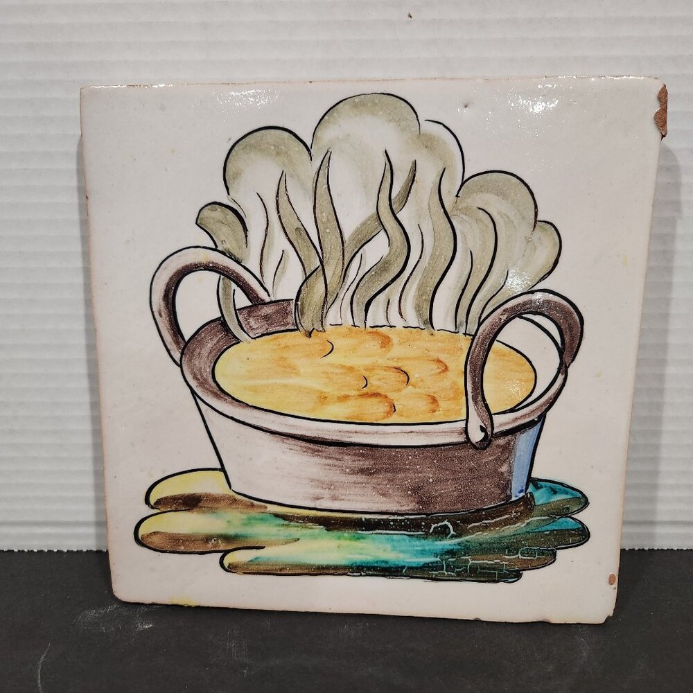 Vintage Kitchen Clay Tile Hand Painted with Steaming Cooking Pot Grazed 8.25"